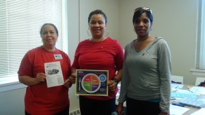 MFV, Darleen P- prepares Corn and Bean Salsa recipe for February 2016 , Heart Health Month, and Crystal Barber ,MNS, RD- FCS Extension Agent, educates on the USDA Choose My Plate after an energizing “stand up abdominal exercise session” by Veronica E, YMCA- Chesapeake.